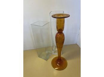 Two Column Vases And One Amber Colored Etched Candleholder