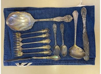 Ornate American Sterling Silverware Set With Blue Jean Apron