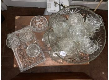 Cut Glass Punch Bowl Lot With Star Pattern