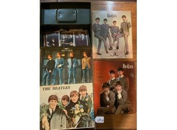 Metal Box With Beatles Trading Cards And Four Beatles Prints