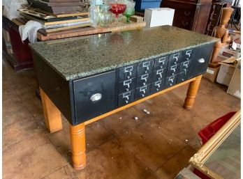 Eye Catching Black Card Catalog Table With Marble Top And Light Wooden Legs