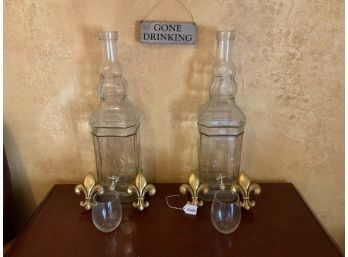 Fleur De Lis Wall Decor, Two Wine Decanters With Spigots And Gone Drinking Sign Lot