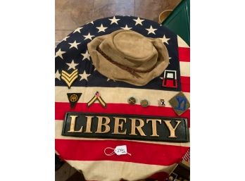 Liberty Sign Lot With Full Size American Flag And Tan Walkabout Hat