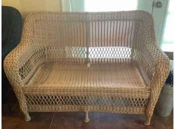 Tan Plastic Wicker Bench With Lower Back