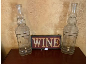 Wooden Wine Sign With Two Wine Decanters With Spigots