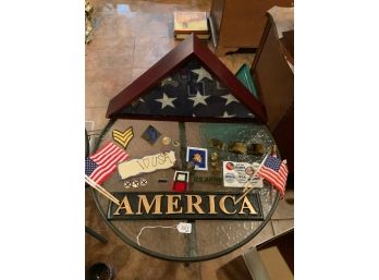 America Sign Lot With Boxed Folded Flag