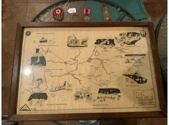 244th Engineer Combat BN Map Framed With Several Patches And Medals