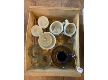 Wooden Crate With Random Cups And Bowls