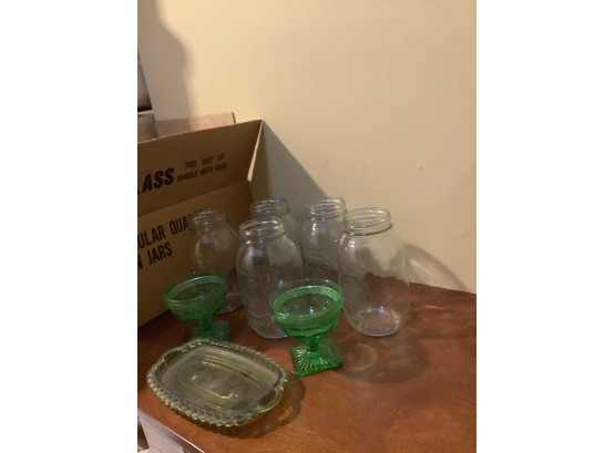 Green Glass And Mason Jar Lot
