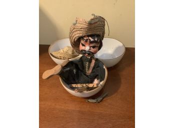 Mexican Bandit Puppet With A Three Container Salsa Bowl