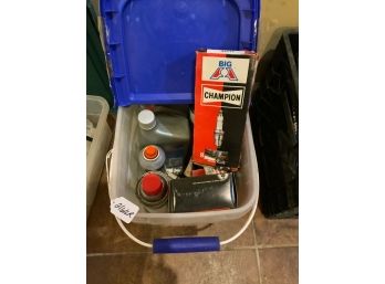 Bucket With Miscellaneous Chemicals And Spark Plugs