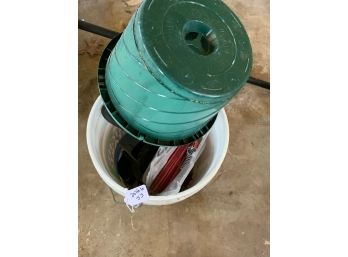 Bucket Of Random Garage Items Including Hanging Basket