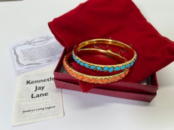 (2) KJL Kenneth Lane Monaco Cabochon Coral Turquoise Bangles W/Box