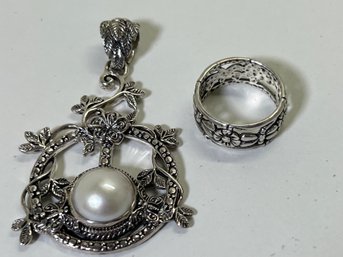(2) Sarda Sterling Silver .925 Pearl Pendant And Ring Sz 9