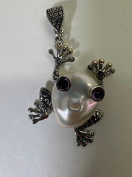 18K Gold Sterling Silver .925 Mother Of Pearl Amethyst Frog Pendant