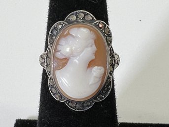 Antique Sterling Silver Cameo Marcasite Estate Ring Sz 4.75