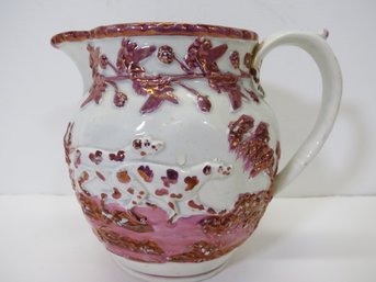 C. 1820 Early Staffordshire Molded Pink Luster Dogs Hunt Scene & Grape Vine