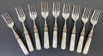 (9) Antique Sterling Silver Forks With Mother Of Pearl Handles