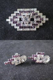 C. 1930s Faux Diamond Amethyst Art Deco Brooch / Pin & Earrings