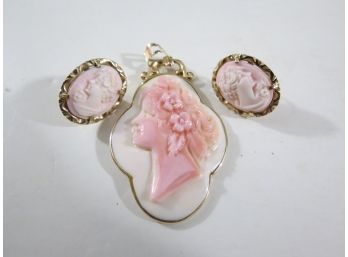 14KT Gold Vintage OTC Cameo Earrings And Signed Pendant