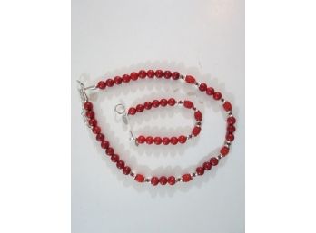 Sterling Silver .925 Most Likely Red Coral Bead Necklace And Bracelet Set