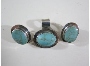Sterling Silver Turquoise Mexico Pendant Earrings Set