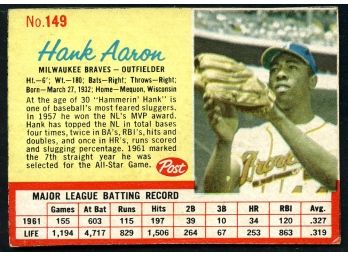 1962 #149 Hank Aaron Post Cereal Baseball Card