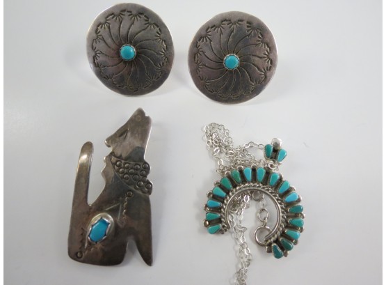 (3) Sterling Silver Turquoise Navajo HIJE Squash Blossom