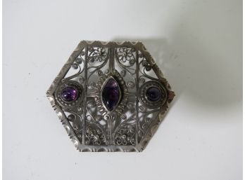 Antique Sterling Silver .925 Amethyst Brooch Pin