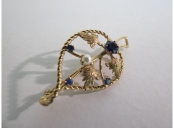 14KT Gold Blue Stone Pearl Pin Brooch 4.8Grams