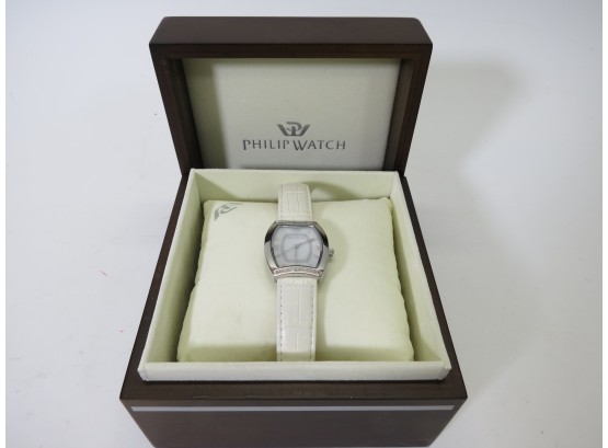 Philip Womens Watch White Leather Band Mother Pearl Face W/Box
