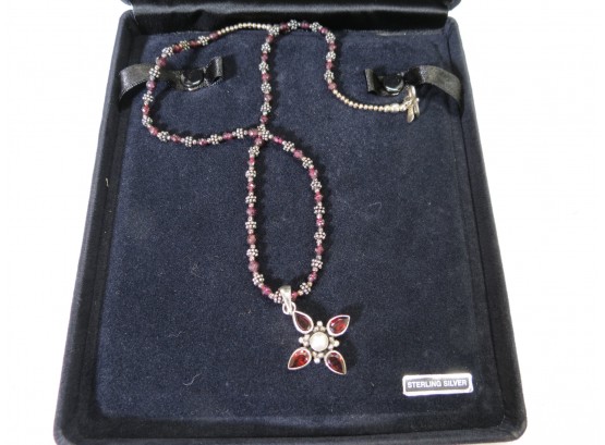 Sterling Silver Garnet Bead Pearl Necklace