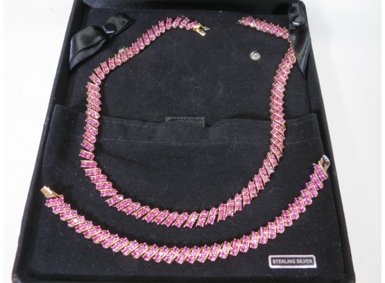 Sterling Silver .925 Pink Stone Rose Gold Plated Necklace Bracelet Set