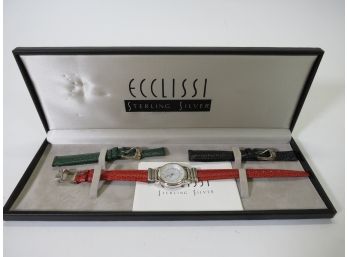 Ecclissi Sterling Silver Watch W/Extra Leather Bands In Case Model 232