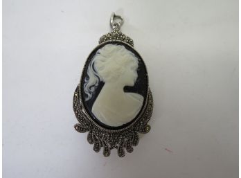 Sterling Silver .925 Large Marcasite Cameo Pendant