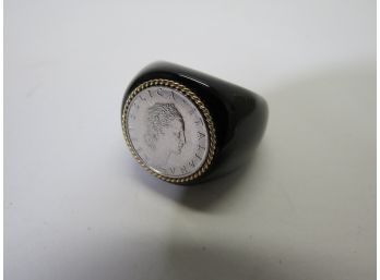 14KT Gold Cable Milor Lira Coin Black Onyx Ring Size 9