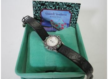 Carolyn Pollack Sterling Silver Turquoise Watch Black Leather Band