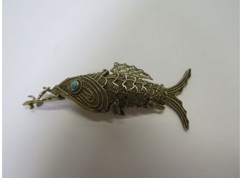 Vintage Sterling Silver 925 Articulated Koi Fish Pendant Turquoise Eyes