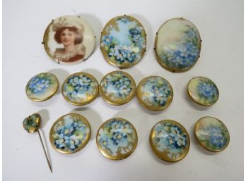 (13) Vintage Handpainted Porcelain Buttons And Brooches Stick Pin