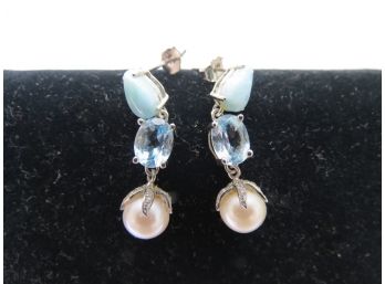 Sterling Silver .925 Blue Larimar Topaz Pearl Earrings