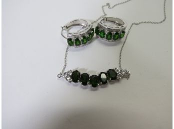 (2) Sterling Silver .925 Green Gemstone Earrings And Necklace