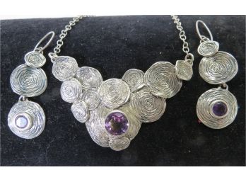 (2) Sterling Silver .925 HG Hagit Goreli Amethyst Necklace And Earrings Set