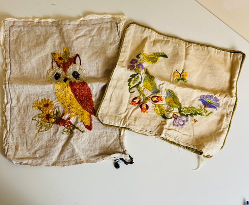 2 Vintage Crewel Embroidery Pillow Cases