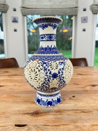 Chinese  Blue & White Porcelain Hand Painted Double Hollow Carved Vases