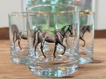 Set Of 3 Lowball Glasses With Horses