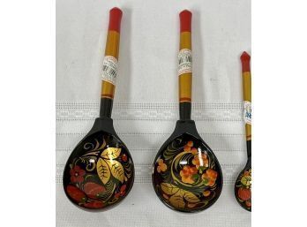 Set Of 4:  Painted Black Lacquer Decorative Spoons