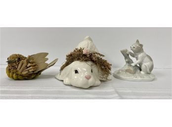 Lot Of 3 Figurines :  Reed & Pussywillow Bird /Porcelain Rabbit/Porcelain Cat