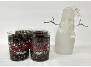 Set Of 4 Seasons Greetings Tumblers And White Glass Snowman