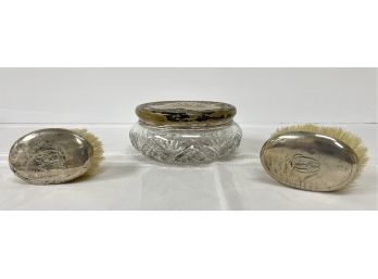 Silver Plate Monogrammed Vanity Set:  Crystal Jar With Lid/2 Small Brushes