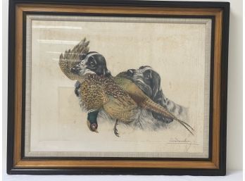Cocker Spaniels And Pheasant Engraving By Leon Danchin